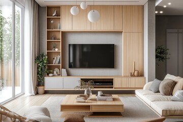 cozy Scandinavian living room with light wood furniture, TV entertainment unit