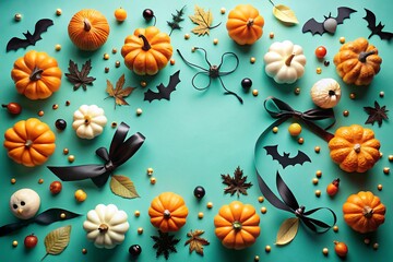 Festive Halloween Flat Lay with Pumpkins Bats and Autumn Leaves