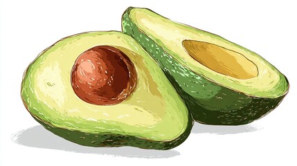 Two halved avocados, one showing its brown seed, on a white background