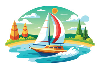 Naklejka premium Sailing Boat Racing on River Vector Elements for Clipart, Ocean Adventure