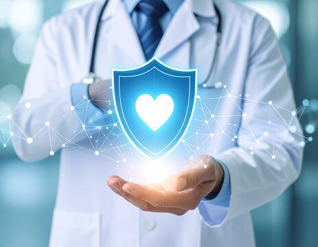 doctor tenderly holds a holographic shield, safeguarding the intricate system of heart