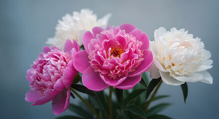 Blooming Pink and White Peonies on Soft Gray Background