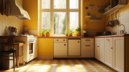 Sunlight streams into a vintage kitchen with yellow walls and checkered floors