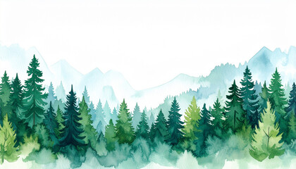 Fototapeta premium Watercolor Forest Illustration: A serene watercolor illustration showcases a vibrant forest scene, capturing the essence of nature's tranquility and the beauty of the wilderness.