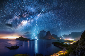 Eine Insel mit wandernden Sternen, Regen, Gewitter und Blitzen