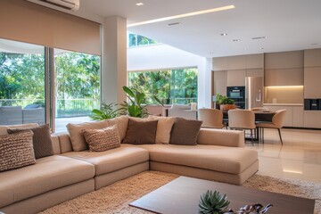 Contemporary living room with stylish beige tones, family enjoying air-cooled comfort
