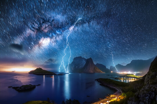 Eine Insel mit wandernden Sternen, Regen, Gewitter und Blitzen