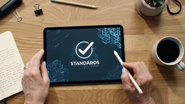 Top View of Tablet Displaying Standards with Check Mark on Wooden Tabletop with Coffee Cup and Hands Holding Pen Showing Commercial Logo