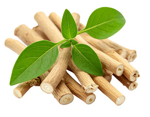 Organic Ashwagandha Root Pile with Green Leaves Cutout on White