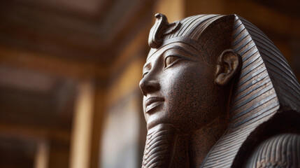 Pharaonic statue close up showing detailed carved face and headdress bathed in warm natural light with blurred background creating serene mood