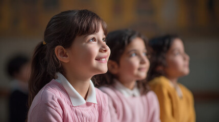 Obraz premium Young girl with brown hair smiling happily in classroom with other children blurred in background