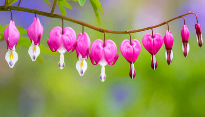 Fototapeta premium Bleeding Heart Blossoms: A close-up capture of delicate, heart-shaped flowers suspended gracefully from a slender branch, their vibrant pink petals contrasting against a soft, verdant backdrop.