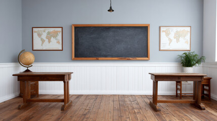 Vintage classroom with wooden desks, globe, chalkboard, world maps, and potted plant creating nostalgic and calm learning environment