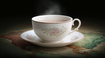 Steaming cup of tea in elegant floral porcelain cup and saucer resting on vintage map with warm inviting atmosphere