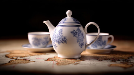 Elegant porcelain teapot with floral blue and matching teacups on vintage map, evoking colonial trade history and warm ambiance