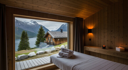 Cozy spa room with a tranquil view of a lake, mountains, and cabin offers a calming and serene experience for relaxation and wellness.