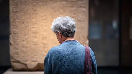Elderly person with gray hair wearing blue sweater and glasses reflecting quietly in front of ancient stone carving in museum setting
