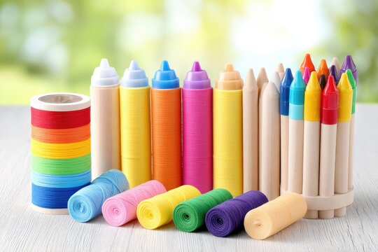 Colorful craft supplies on a light wooden surface