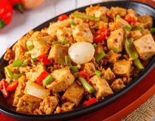 Fototapeta premium Delicious Filipino sisig served on a sizzling platter with fresh herbs and a sunny-side-up egg