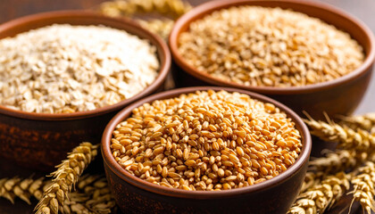 Grain Bowls Abundance: A vibrant close-up showcasing various grains in earthenware bowls, their textures and colors elegantly highlighted with golden wheat stalks around them.