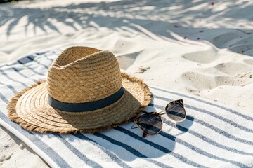 A straw hat and stylish sunglasses resting on a striped beach towel on a sunny sandy beach