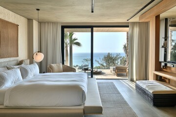 Comfortable and stylish hotel suite interior with soft textures and sea view