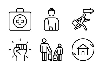 Human impact icons including evacuation, shelter, casualties, protest, humanitarian aid, and refugee. Perfect for crisis, war, and relief-related visuals.