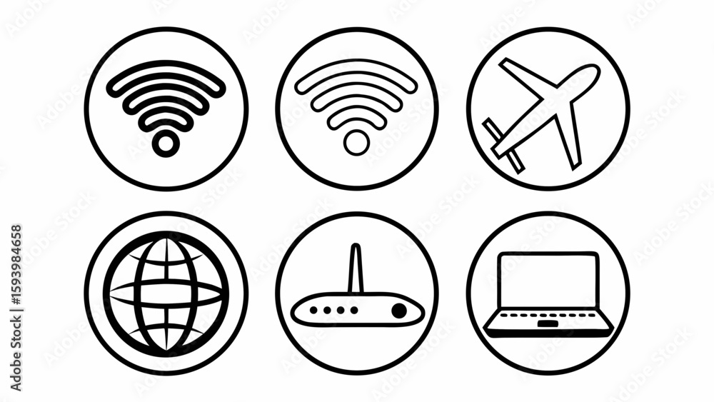 Poster black and white network icons with wifi airplane globe router and laptop in circular frames design c