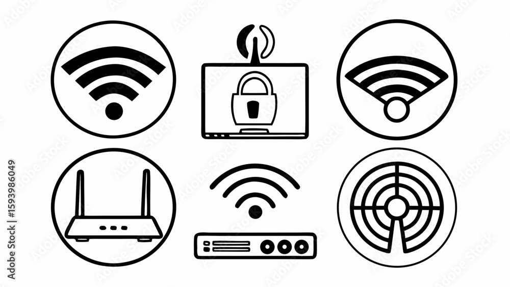 Poster illustration of wifi symbols router and a laptop with a padlock security feature shown clearly creat
