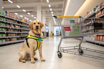 Labrador retriever wearing a service vest sits calmly beside a shopping cart in a supermarket aisle