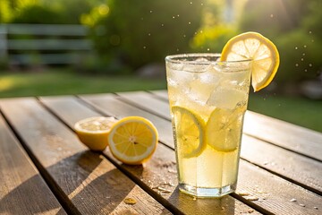 Refreshing lemonade in a glass with lemon slices on a wooden table in a sunny garden
