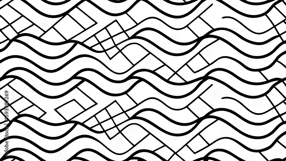 Poster abstract seamless pattern featuring wavy lines and geometric shapes in black and white design style 