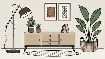 Interior design featuring a cabinet, lamp, plants, pictures, and a rug in a cozy home setting created with generated ai