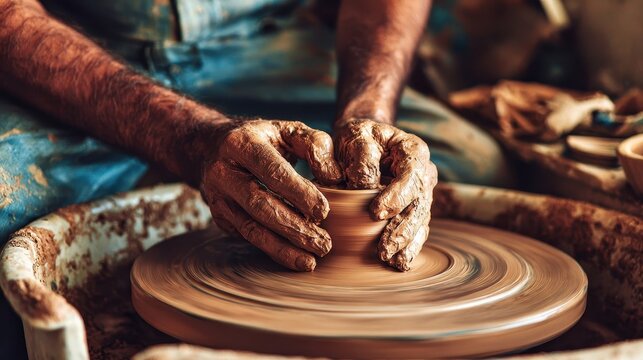 Hands shaping clay on a pottery wheel.