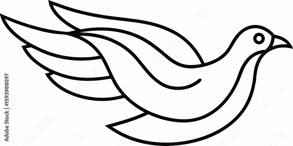 Poster stylized outline of a flying bird with detailed wings and a small eye in a simple black and white de