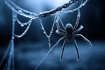 Spider on frosted web at dawn