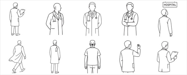 Doctor Line Art Bundle - Male Medical Staff Outline EPS Clipart