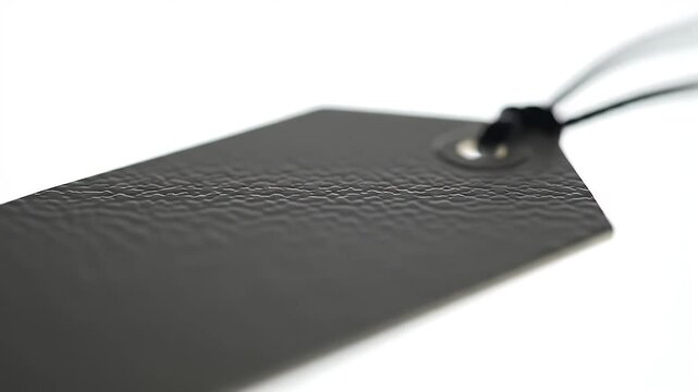 Close Up of a Black Rectangle Tag with Black String on a White Background for Merchandise Labeling