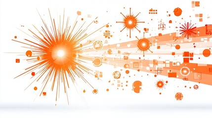 Abstract orange burst radiating data streams, symbols, and shapes against a white background, suggesting technological innovation and progress