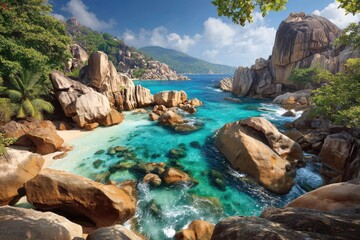 Tropical beach cove with turquoise water and granite boulders
