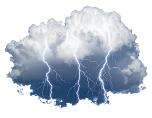 Large Fluffy Thunderclouds with Lightning Bolts, Isolated on Transparent Background PNG