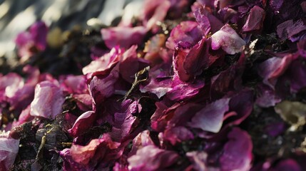 A close-up of purple and pink rock salt crystals with rough edges.