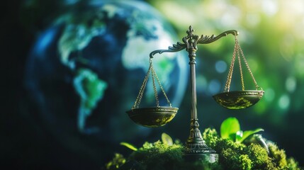 The scales of justice, representing law and order on a verdant planet.