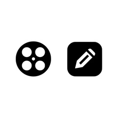 Two black icons representing a movie reel and a pencil inside a square, symbolizing video editing, filmmaking, and media content creation.