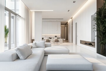 Fototapeta premium Chic living space in a luxury apartment, white-on-white aesthetic, premium textures