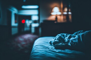 Obraz premium Dimly lit hotel room, unmade bed, hallway
