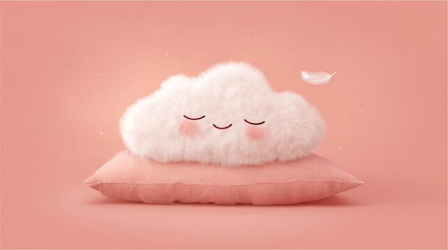 A fluffy, white cloud-shaped character with a smiling face, closed eyes, and rosy cheeks rests peacefully on a pale pink pillow against a matching backdrop. A single feather floats nearby