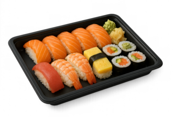 Fresh sushi platter displaying colorful nigiri and maki rolls including salmon, tuna, shrimp, tamago, avocado arranged on sleek black serving tray