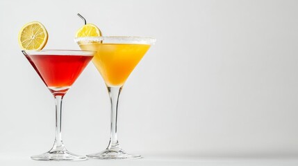 Three mixed drinks in stemmed glasses with lemon slices and ice.