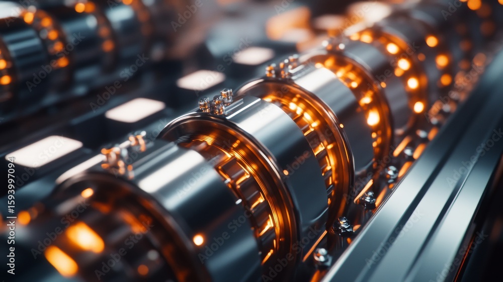 Poster close-up of an intricate industrial circuit board with orange lights emitting from the components. i